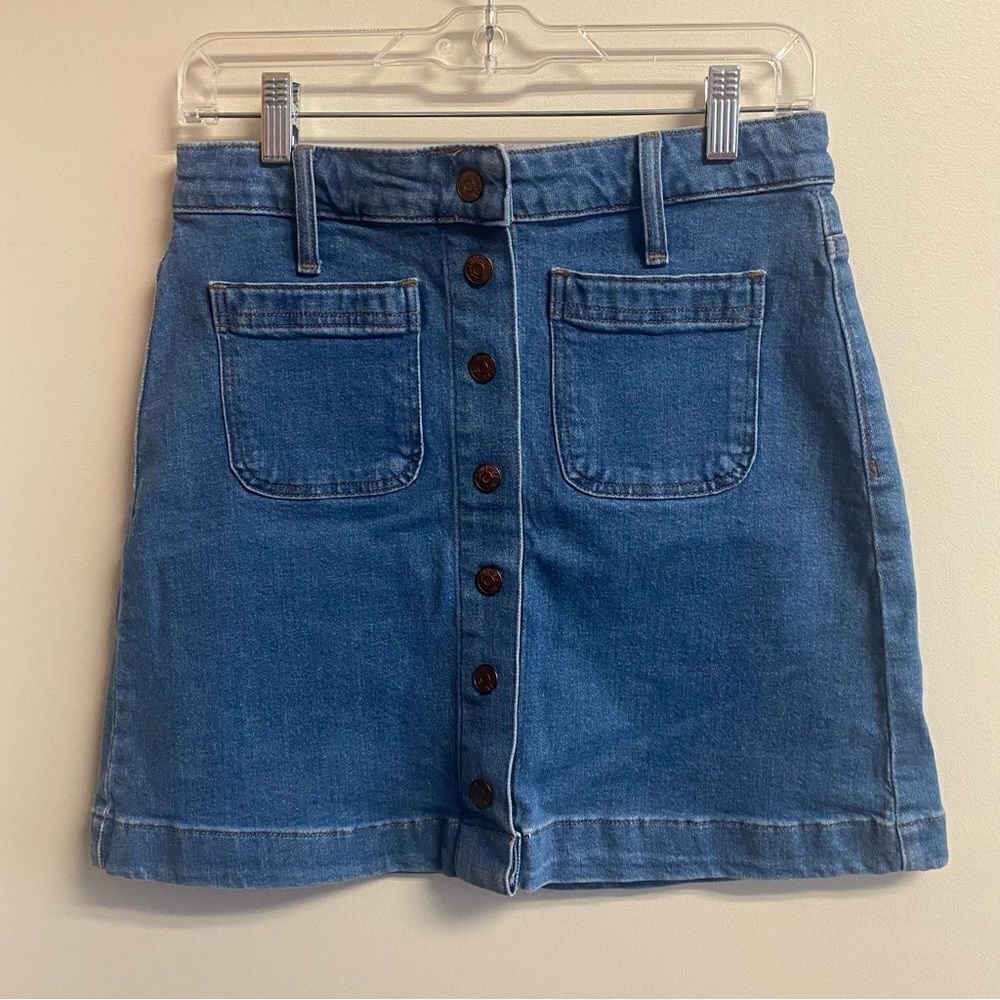 Madewell Mccarren Denim Mini Skirt Medium Wash Button Front Patch Pockets Sz 25